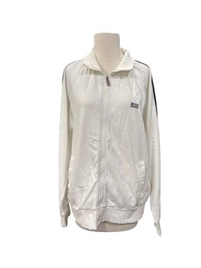 Hugo Boss White Zip-Front Bomber Jacket with Navy Shoulder Stripes